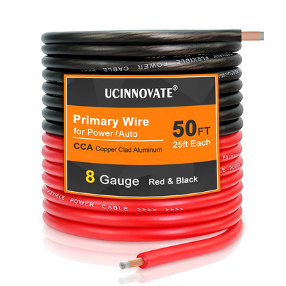 8 Gauge Wire 50ft CCA Wire, (25ft Black+25ft Red)