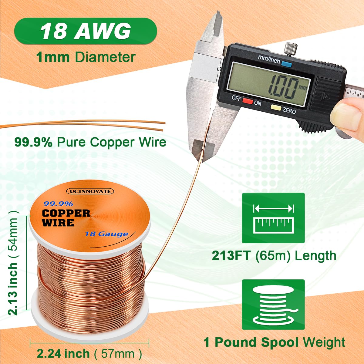18 Gauge 99.9% Pure Copper Wire, 18 AWG Soft Bare Copper Wire 213FT / 65m 1 Pound Spool
