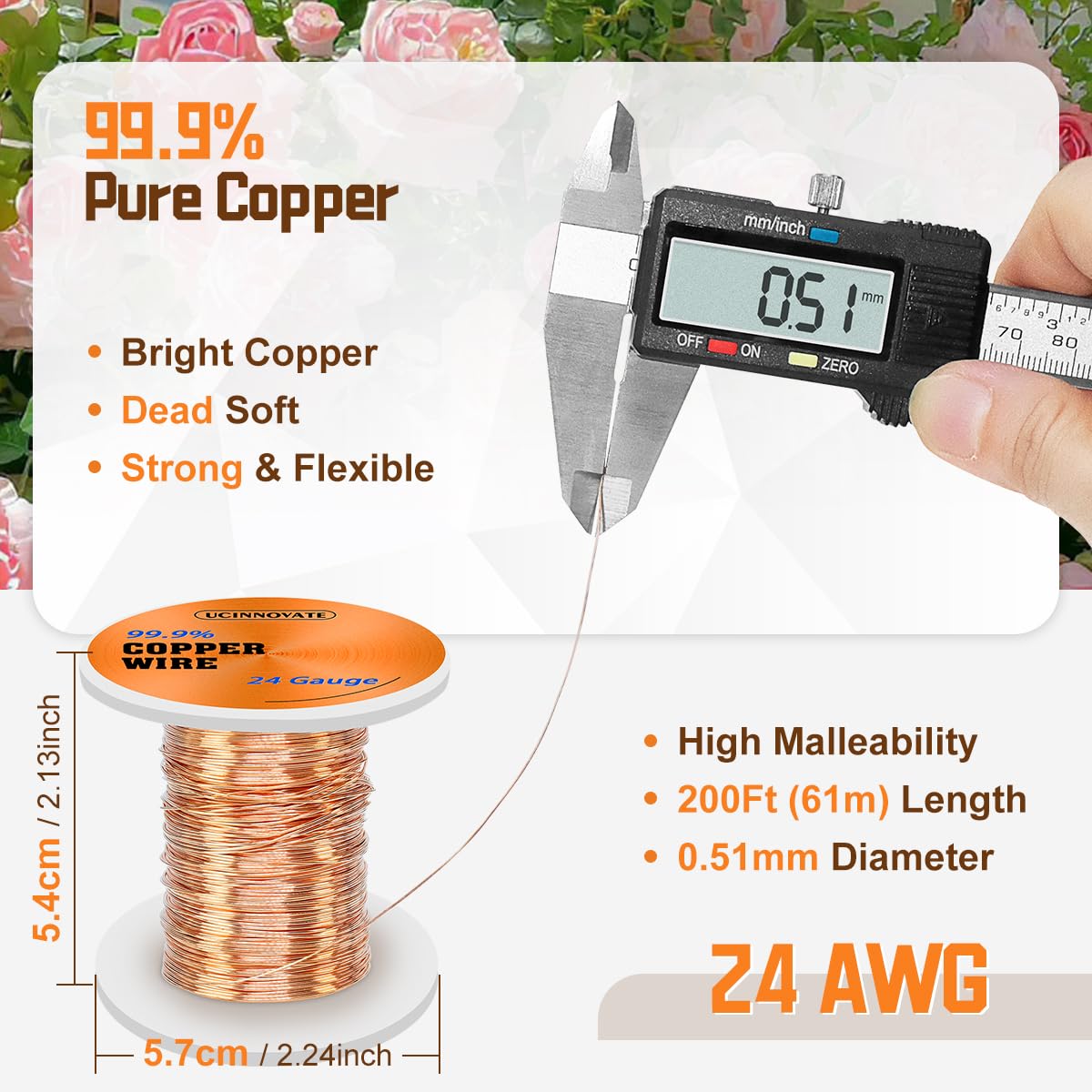 24 Gauge Pure Copper Wire, 99.9% Pure Copper Wire 0.5mm Diameter 61m /200FT Solid Soft Copper Wire