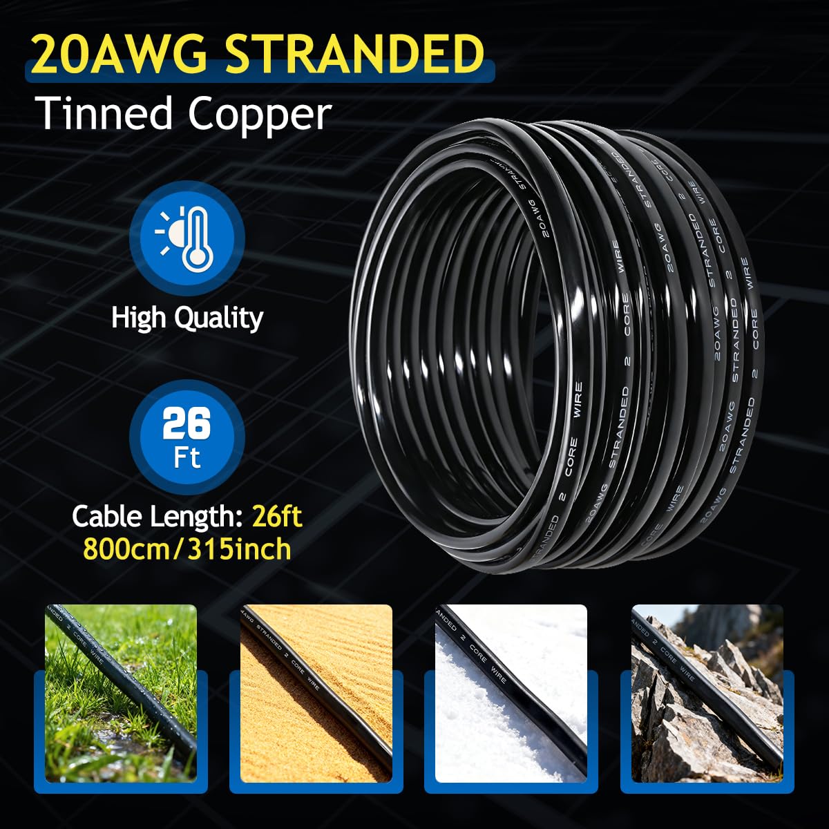 20 Gauge 2 Conductor Electrical Wire, 20/2 8m Stranded Oxygen-Free Tinned Copper Wire