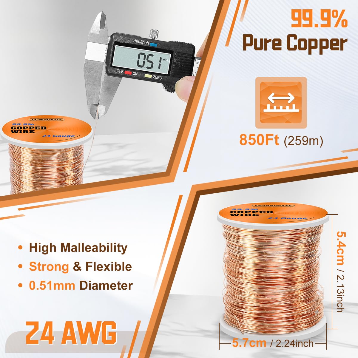 24 Gauge Pure Copper Wire, 99.9% Pure Copper Wire 0.5mm Diameter 259m /850FT Solid Soft Copper Wire