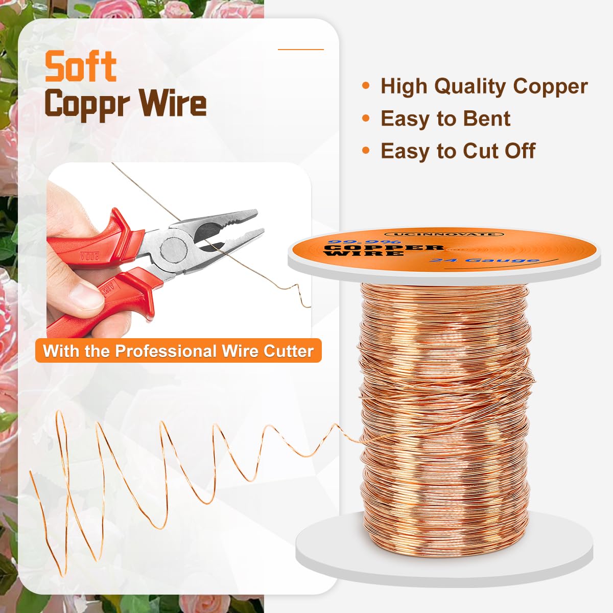 24 Gauge Pure Copper Wire, 99.9% Pure Copper Wire 0.5mm Diameter 61m /200FT Solid Soft Copper Wire