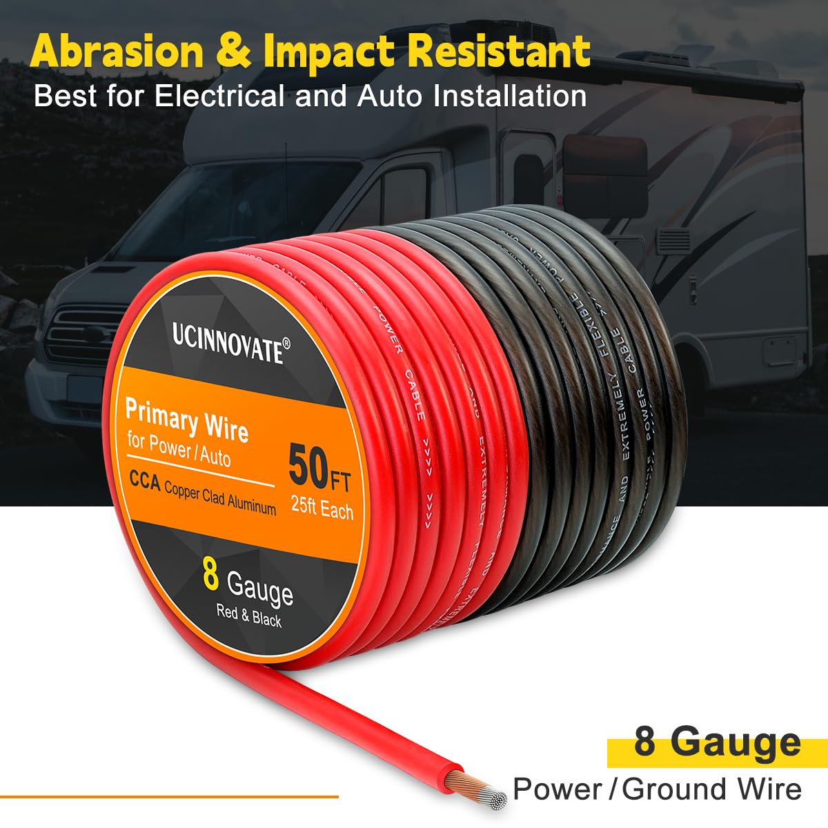 8 Gauge Wire 50ft CCA Wire, (25ft Black+25ft Red)