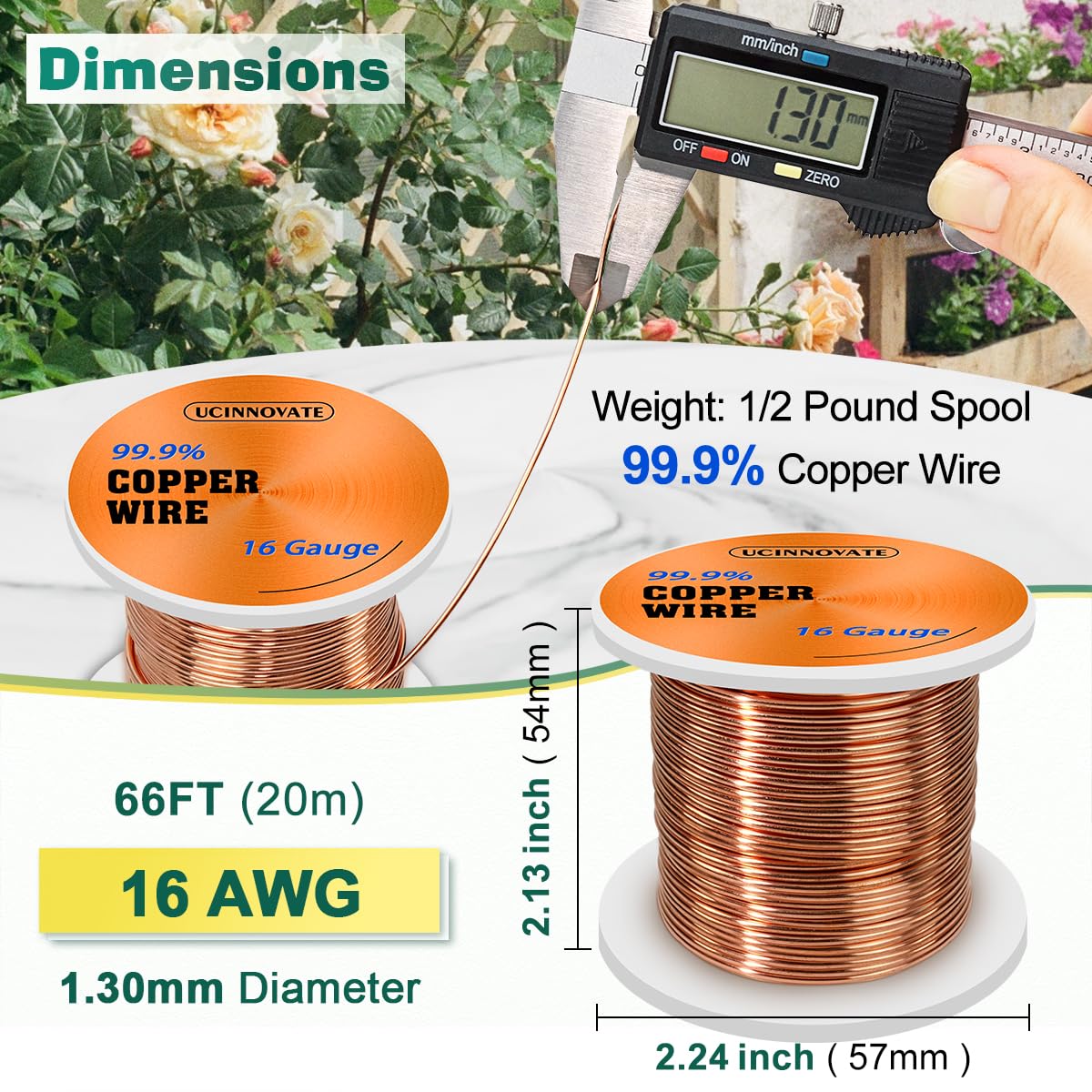 99.9% Copper Wire, 16 Gauge Pure Copper Wire for Jewelry Making, 66FT 1.3mm