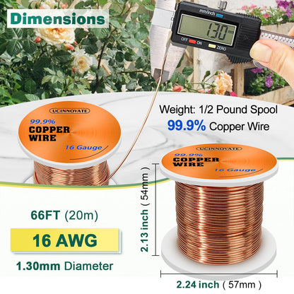99.9% Copper Wire, 16 Gauge Pure Copper Wire for Jewelry Making, 66FT 1.3mm