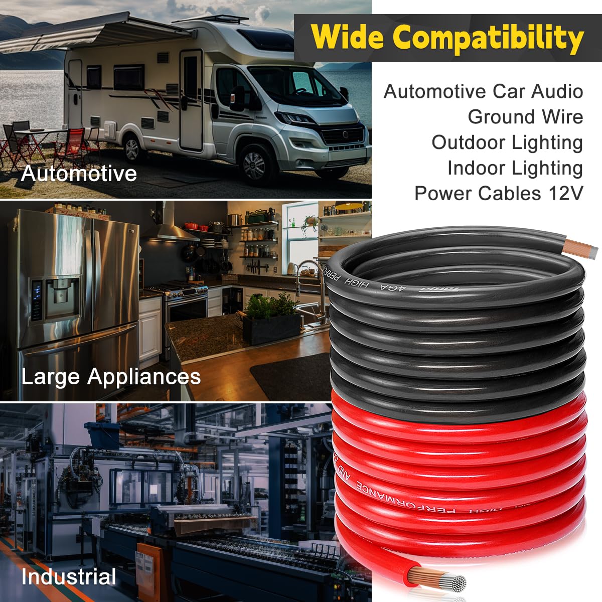 4 Gauge Wire 50ft CCA Wire, (25ft Black+25ft Red)