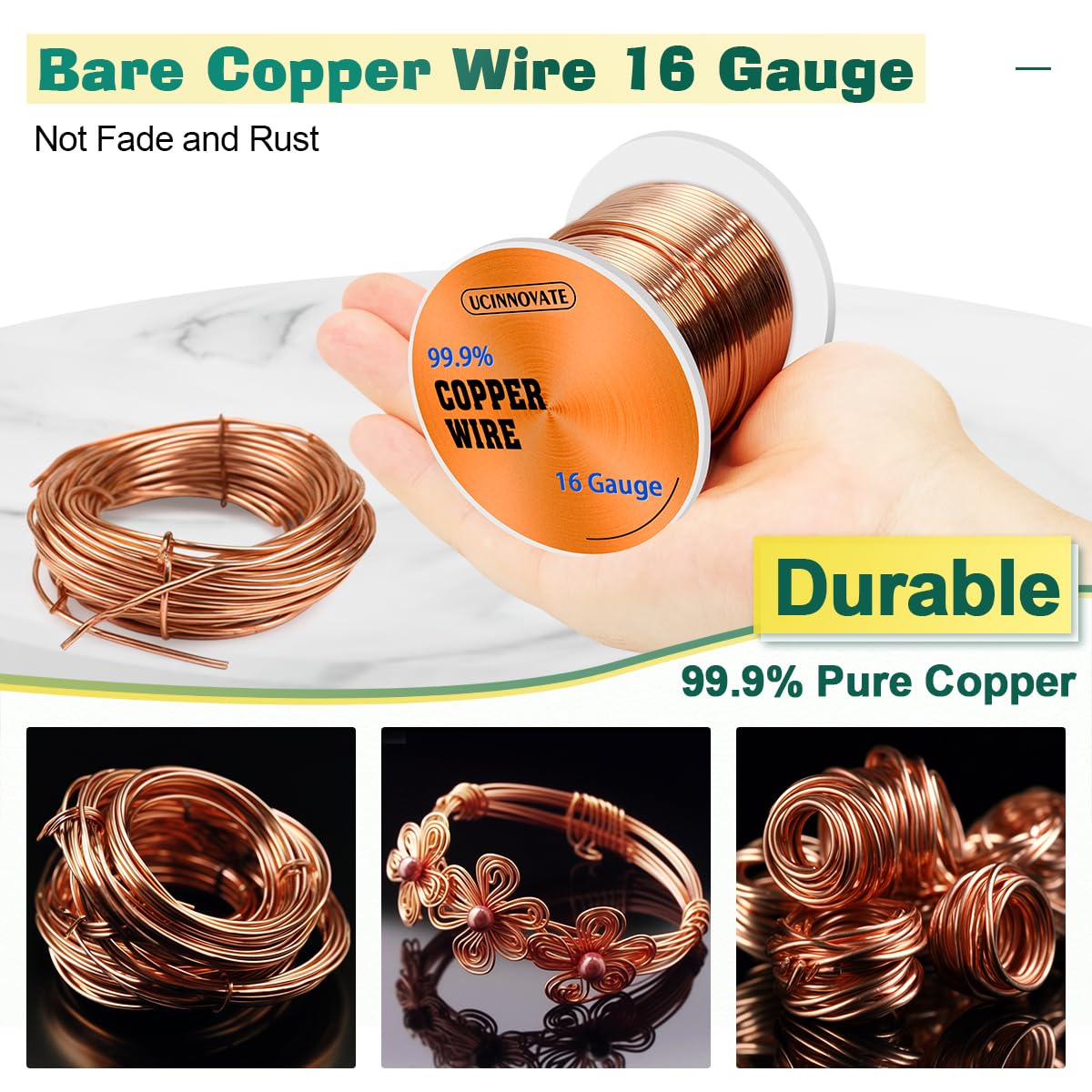 99.9% Copper Wire, 16 Gauge Pure Copper Wire for Jewelry Making, 66FT 1.3mm