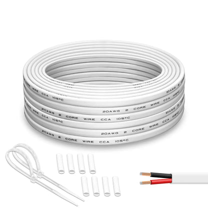 CCA 2 Core Speaker Wire 50FT 100FT CL2 In-Wall White Cable for Home Theater, Car Audio & Solar Wiring