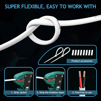 CCA 2 Core Speaker Wire 50FT 100FT CL2 In-Wall White Cable for Home Theater, Car Audio & Solar Wiring