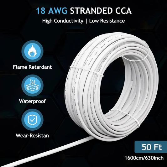 CCA 2 Core Speaker Wire 50FT 100FT CL2 In-Wall White Cable for Home Theater, Car Audio & Solar Wiring